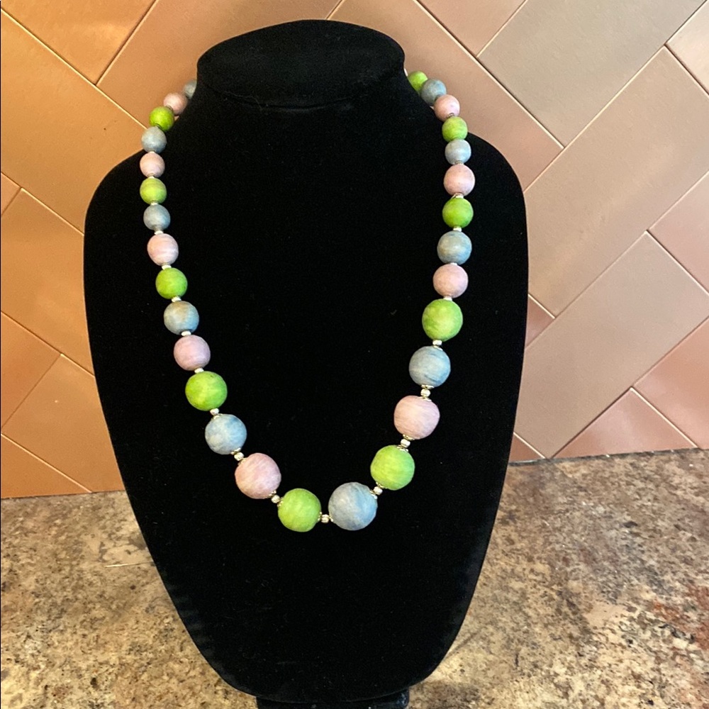 Mid-century Pink, Green and Blue Wooden Beaded Necklace with Elegant Design